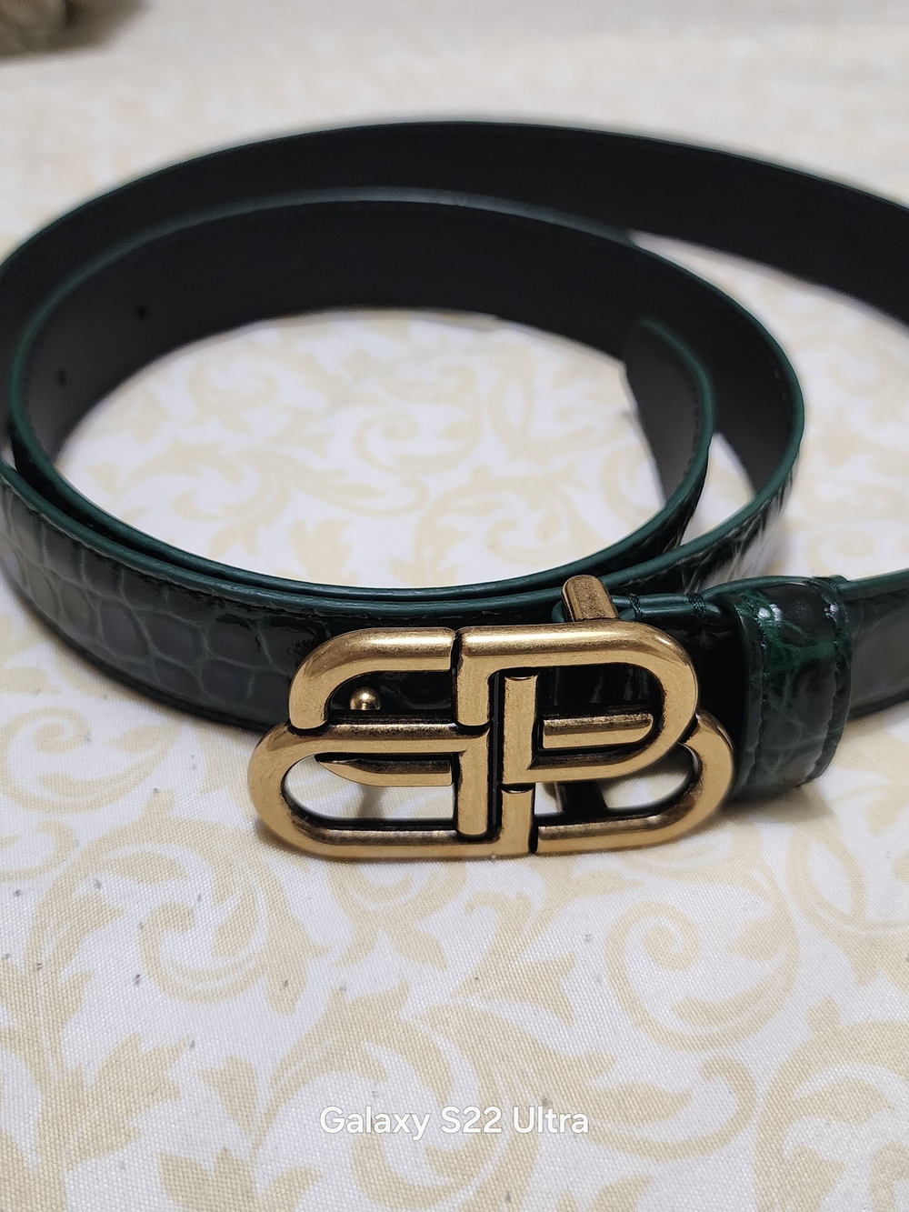 Balenciaga Black Leather Belt with Dark Green Croc-Accent and Gold Buckle